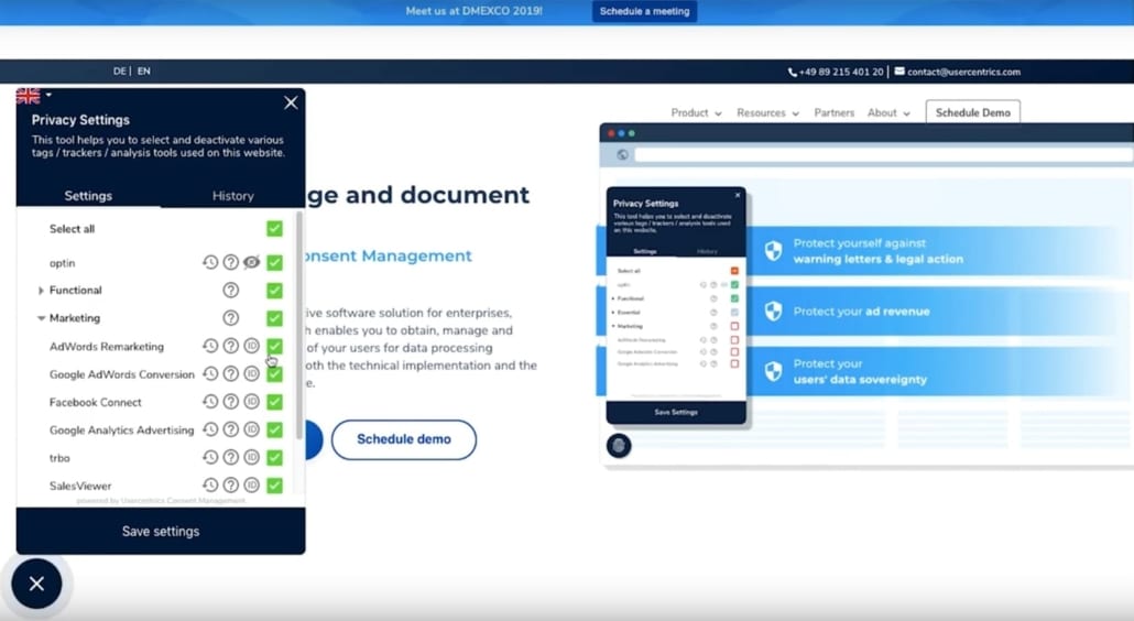 Browser-Fenster für meet us at DMEXCO 2019 mit Datenschutz-Pop-ups - Usercentrics